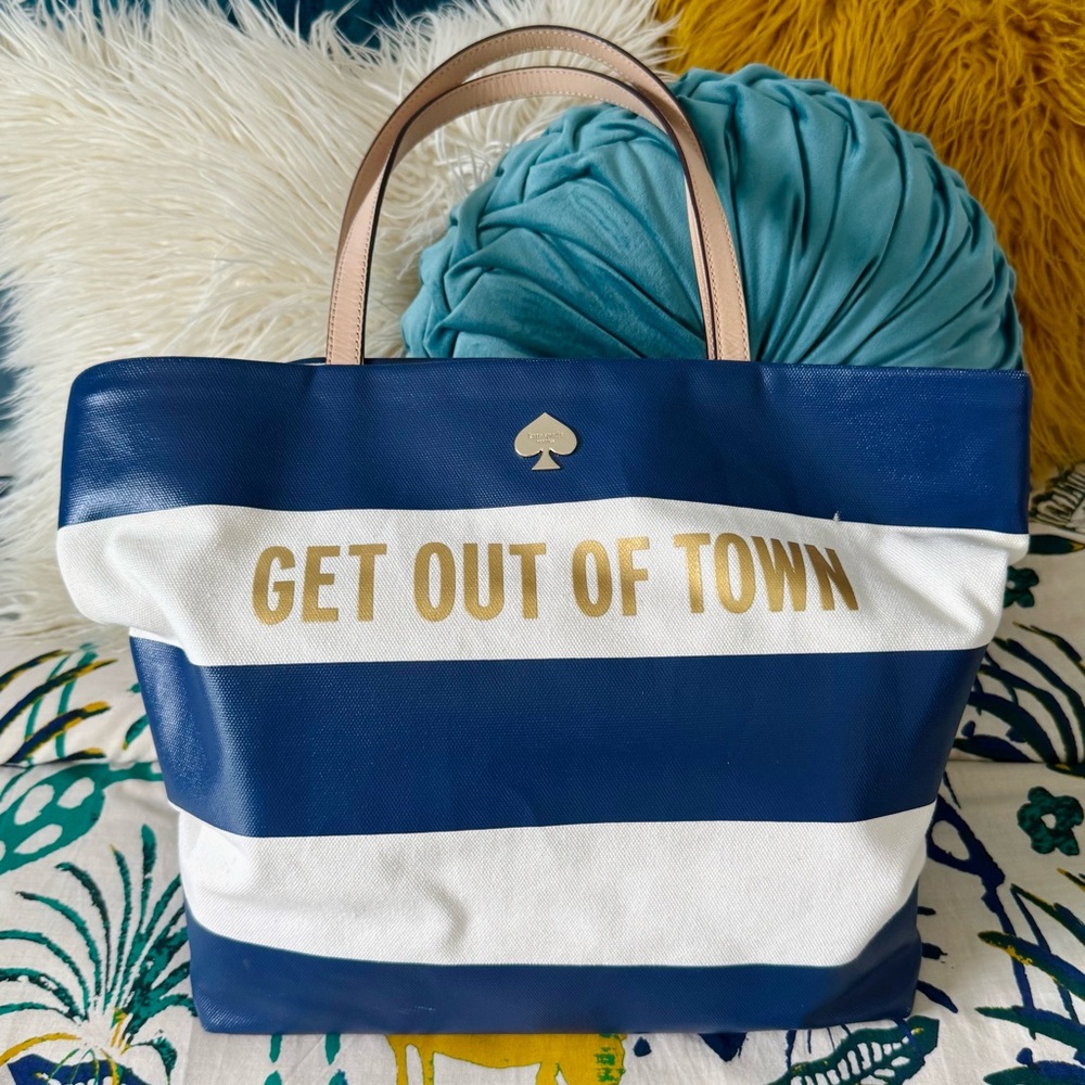 Kate Spade “Get Out Of Town” Blue and White Striped Canvas Tote Bag
